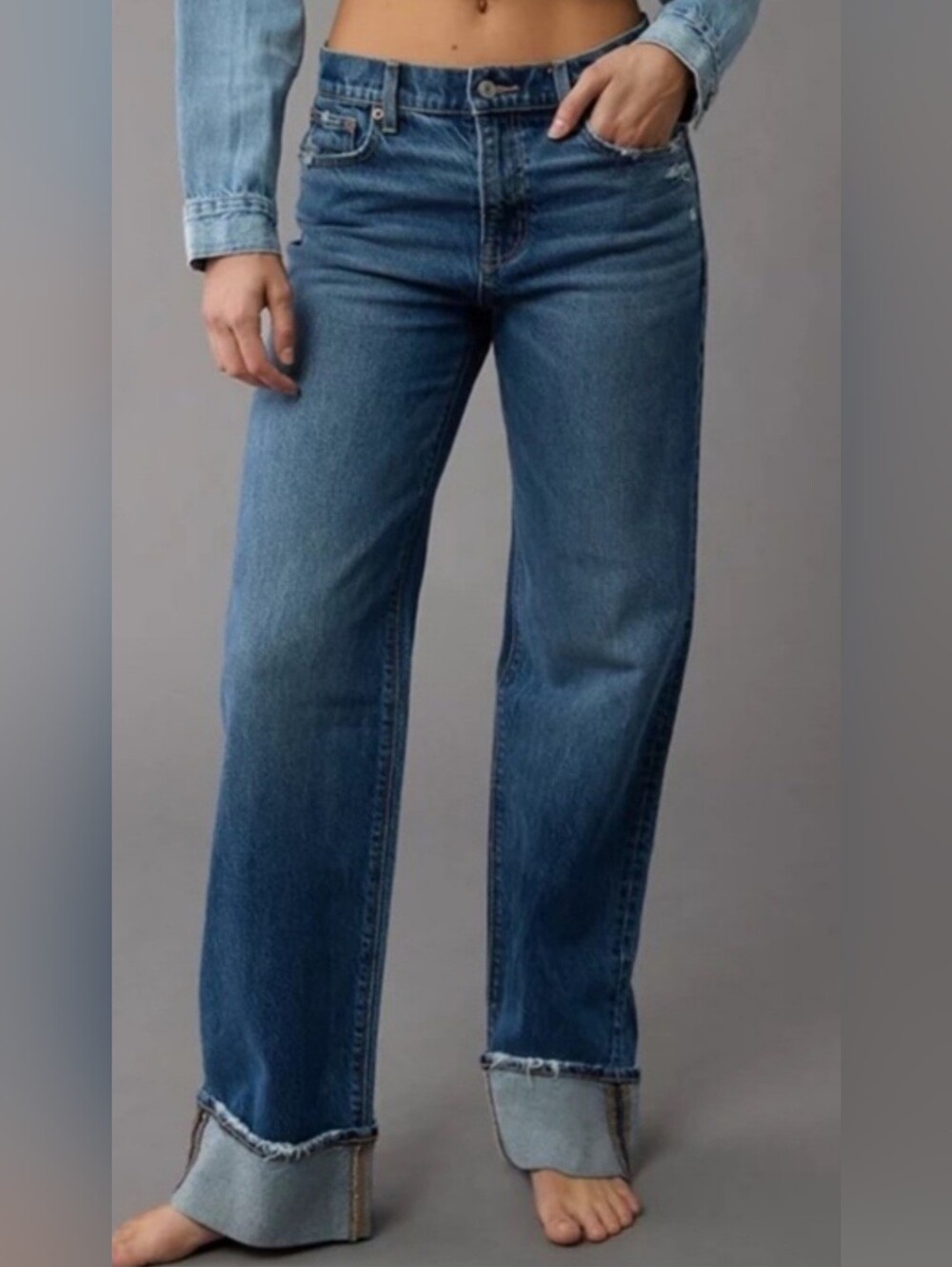 American Eagle Outfitters Cuffed Blue Straight-Leg Jeans